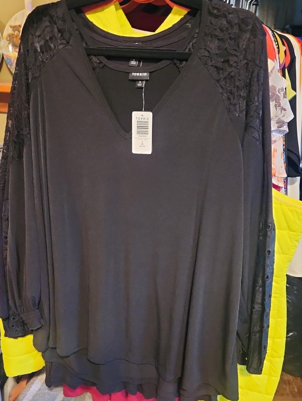 Torrid 3 Black V-Neck Long Sleeve Top with Lace Shoulders